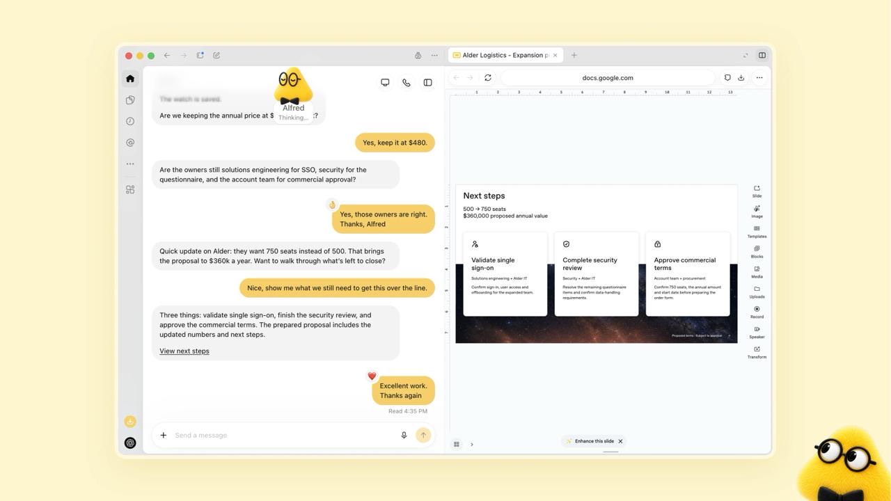Alfred обновляет предложение клиенту и список следующих действий по сделке